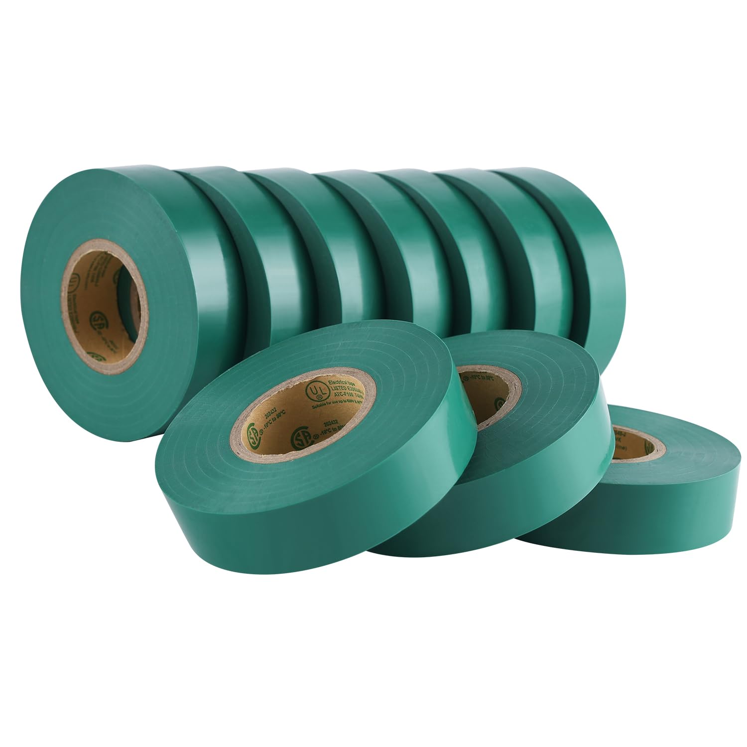 Lichamp 10-Pack Green Electrical Tape Waterproof, 3/4 in x 66ft, Industrial Grade UL/CSA Listed High Temp Electrical Tape Green Electric Super Vinyl