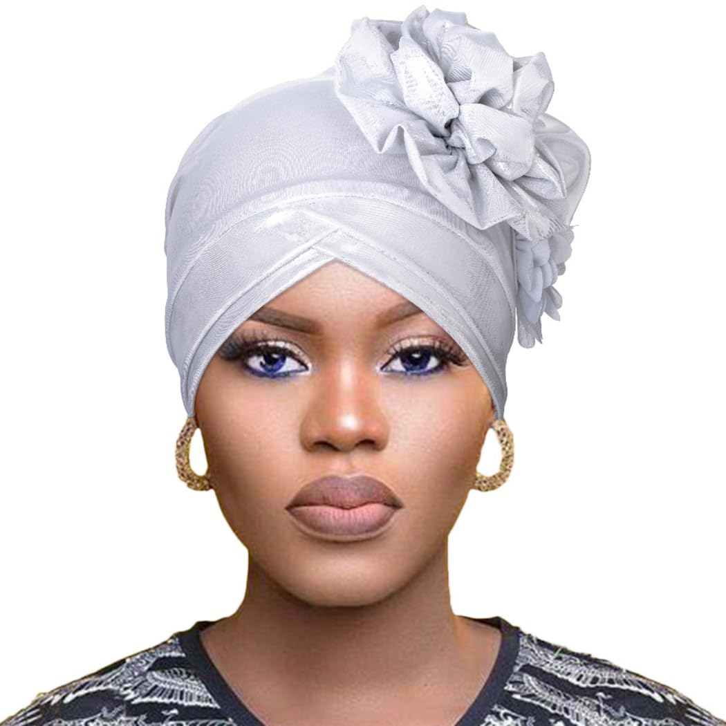 Woeoe Women African Turban Flower Pre-Tied Head Wrap Floral Stretchy Beanie Cap Headwear Head Turbans Black