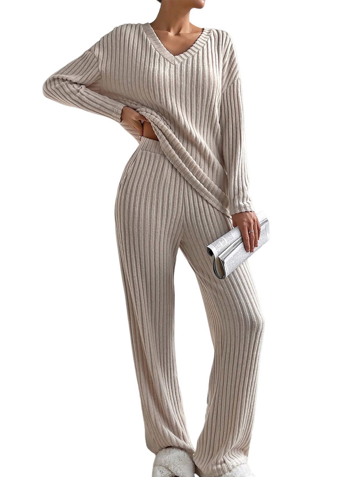 SHEWIN Women's Pajama Sets Long Sleeve 2 Piece Lounge Sets Ribbed Knit Sweater Sleepwear