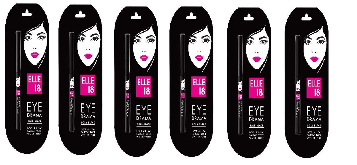 Elle 18 Eye Drama Kajal, Bold Black, 0.35g (Pack of 6), Matte Finish