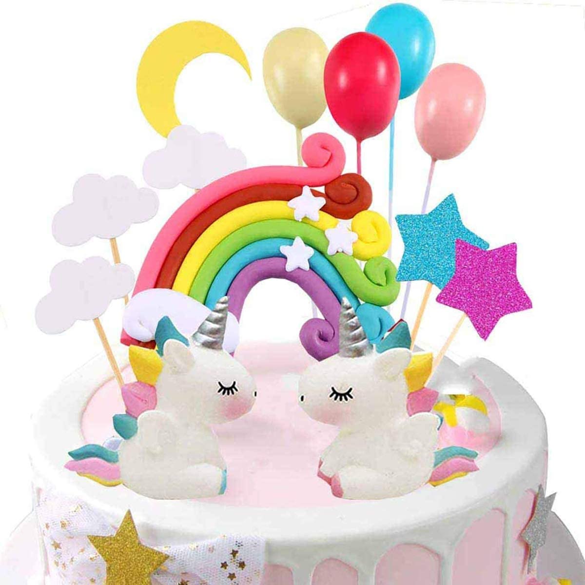 Unicorn Cake Topper, 2 Magic Unicorns Sculpture,1 Rainbow, 1 Moon, 2 Star, 4 Balloon, 5 Cloud, Cake Decorations, for Birthday, Wedding, Baby Shower, Party, Pack of 15