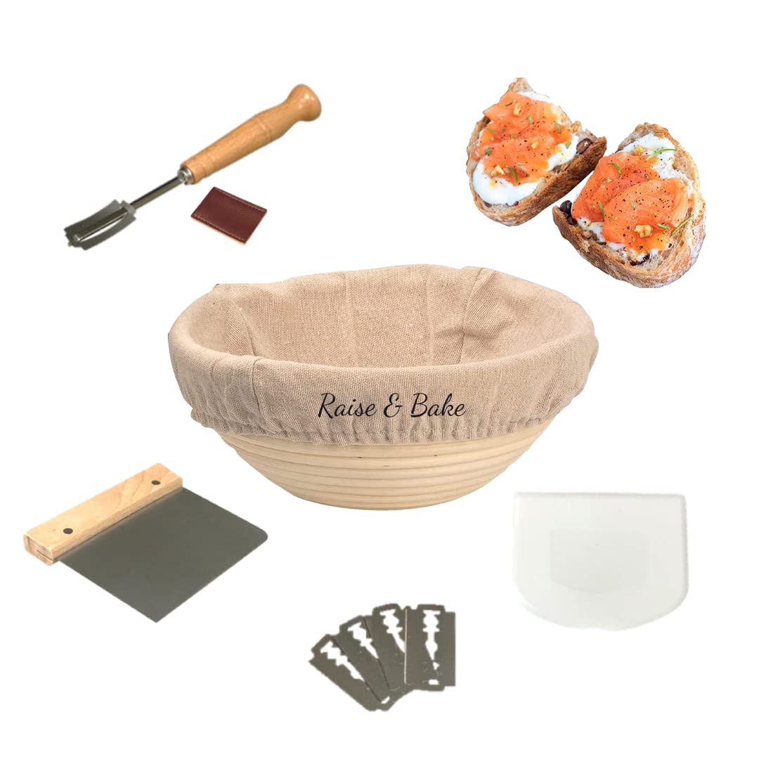 Raise & BakeSourdough Proving Basket - Large 10 Inch / 25cm Banneton - Lame, Bench Knife, Bowl Scraper - Starter Kit for Baking & Proofing Artisan Bread (Round)