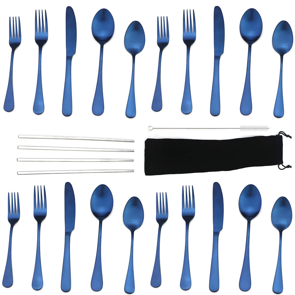 JASHIIModern Royal 20 Pcs Blue 18/10 Stainless Steel Utensils Cutlery Dinnerware Set w/ 4 Pcs Straw, Knife Fork and Spoon Flatware Set for Wedding Festival Christmas Party Service for 4