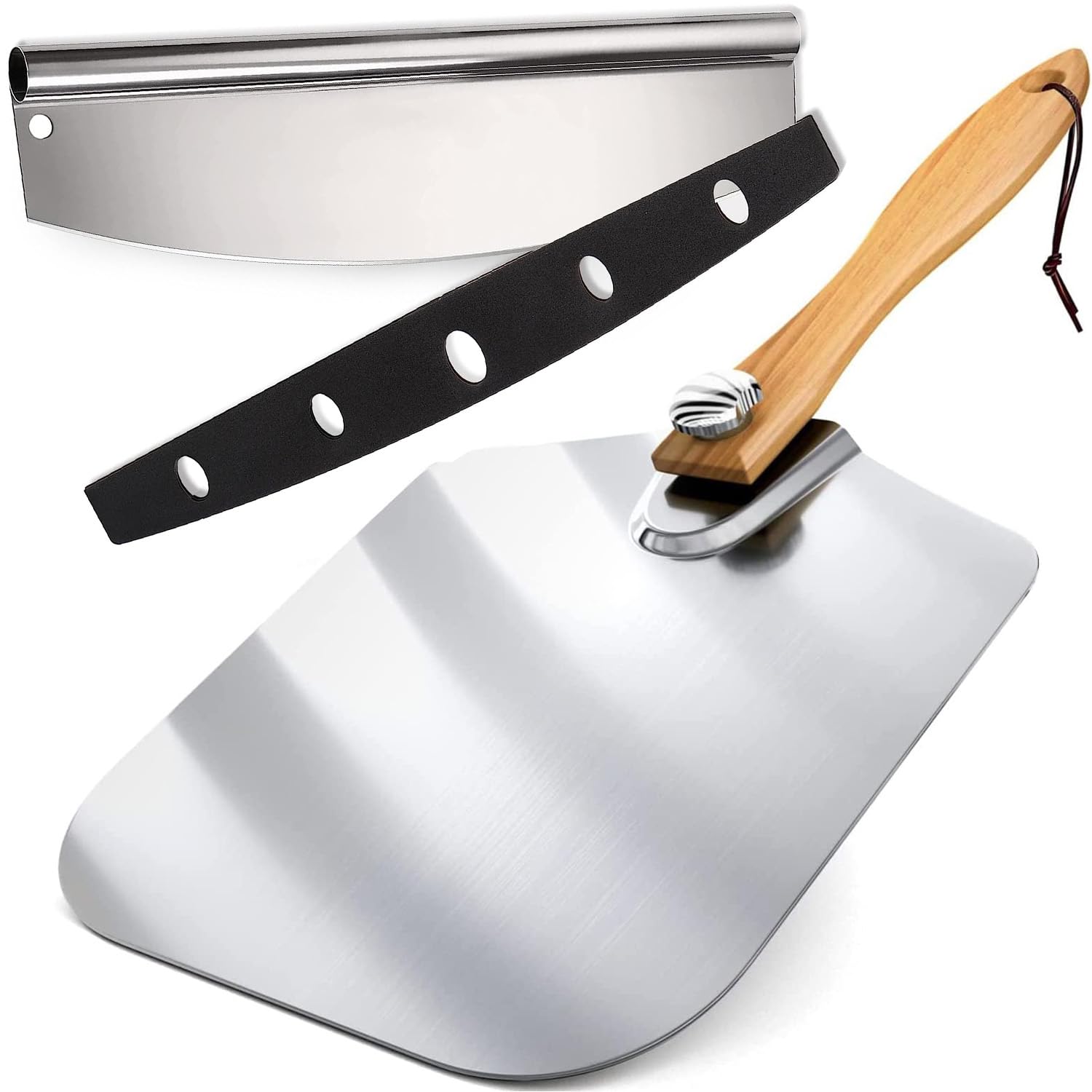 Premify Pizza Peel with Cutter 12"x14", Aluminum Metal Paddle with Wooden Foldable Handle for Easy Storage, Pizza Rocker Oven Accessories, Dough, Bread & Pastry.