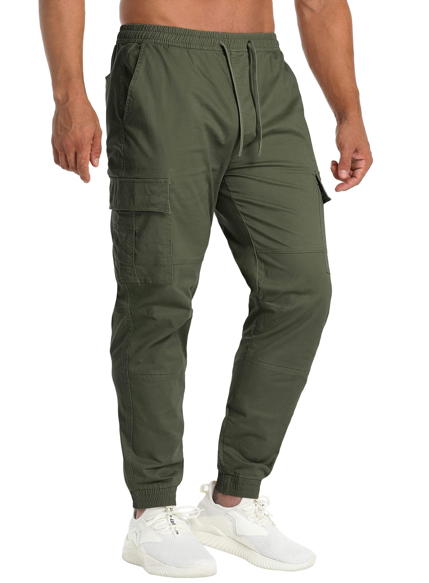 Men's Casual Work Trousers with Flap Pockets Cotton Combat Cargo Pants Elastic Waist Hiking Bottoms