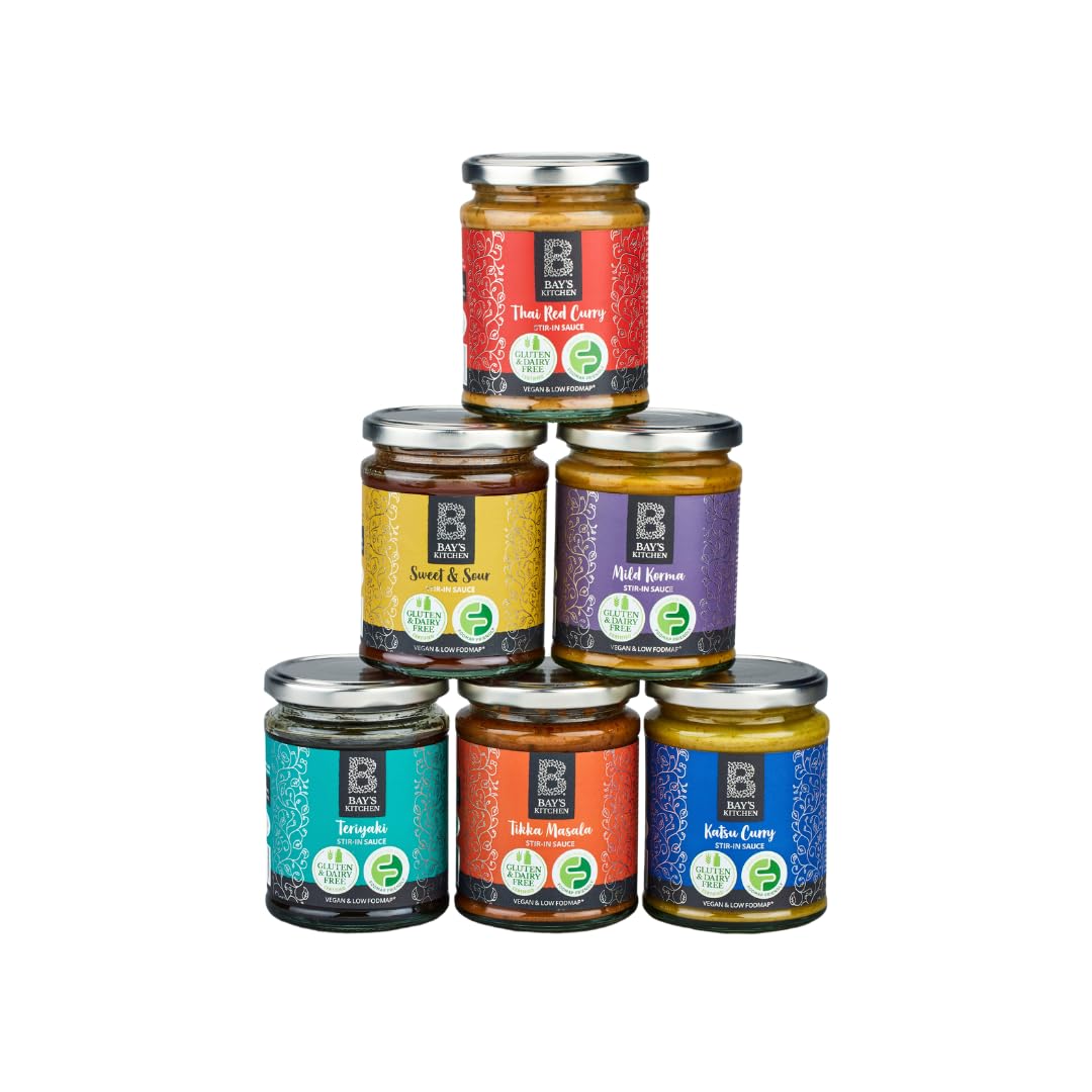 Bay's Kitchen Asian Bestselling Cooking Sauce Bundle (6 jars) including Sweet & Sour Sauce, Korma and Tikka Masala, Katsu, Teriyaki and Thai Red Curry, Gluten-Free, Dairy-Free and Low Fodmap