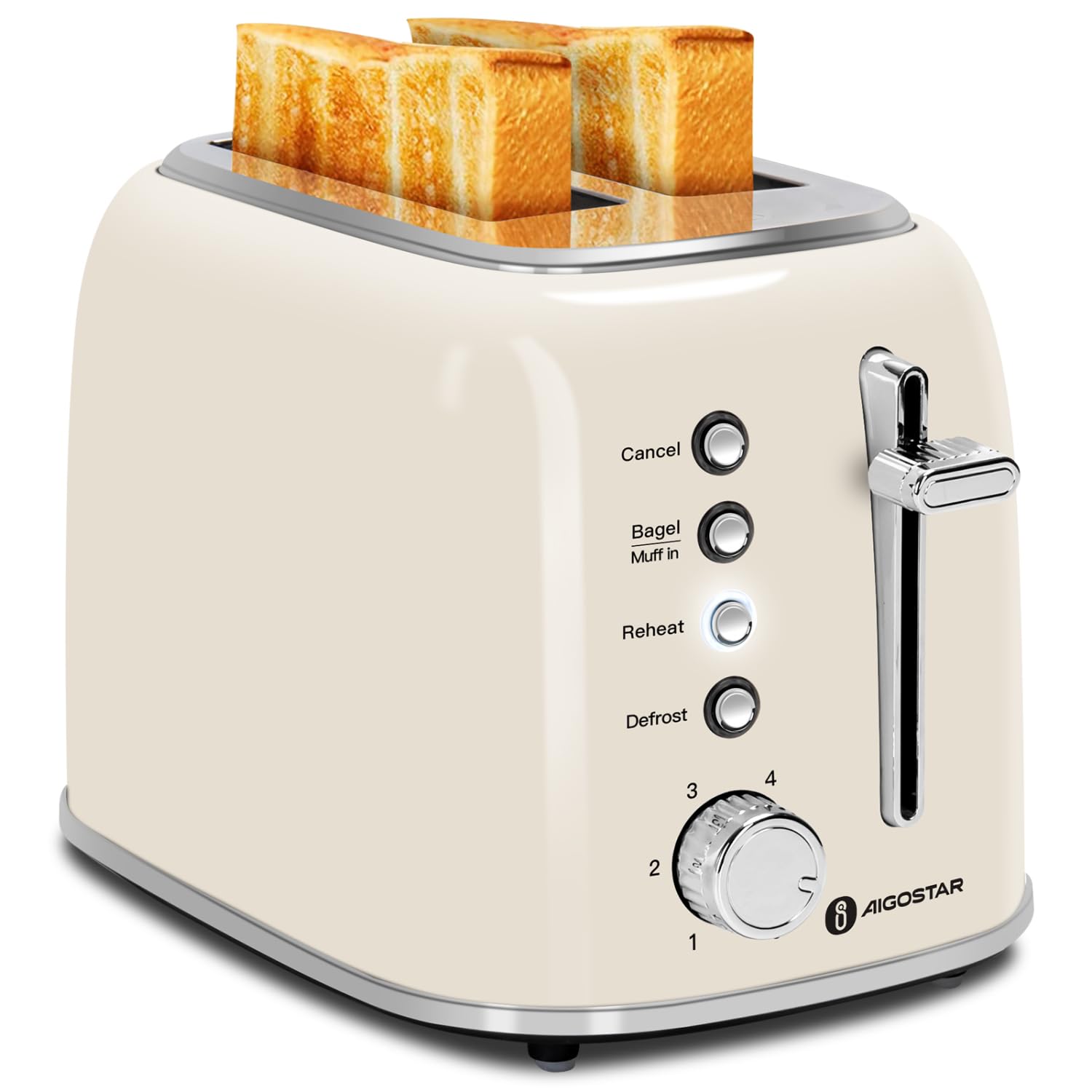 Aigostar Toaster 2 Slice, Retro Extra-Wide Slot Toasters Best Rated Prime for Toasting Bagels, Breads, Waffles & More, Cancel, Defrost & 6 Browning, Removable Crumb Tray, Stainless Steel, Cream White