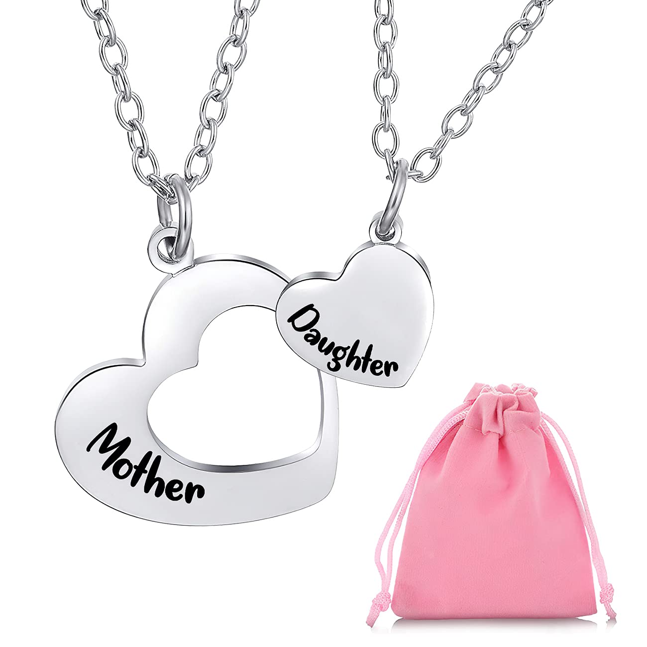 Silver Necklace for Women Girls, 2Pcs Mum Necklaces from Daughter with Engraved Heart Pendants Presents, Mother and Daughter Necklaces Mothers Day Birthday Christmas Gifts from Daughter for Mummy