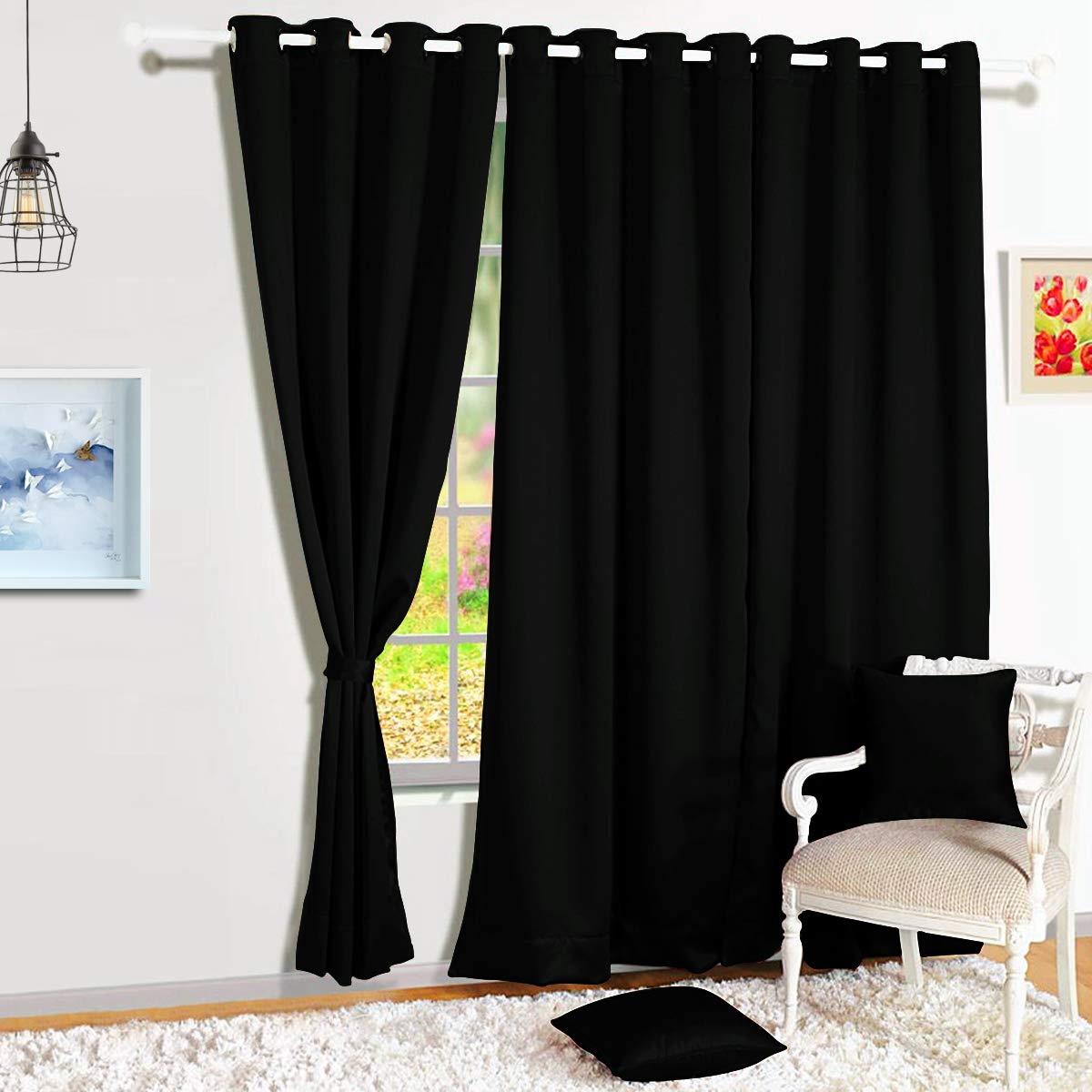 Story@Home Room Darkening Thermal Insulated Eyelet Noice Reducing Blackout Curtains for Bedroom with Tie Backs- Black (9 Feet - Long Door)- 46 x 108 Inch - 2 Pieces