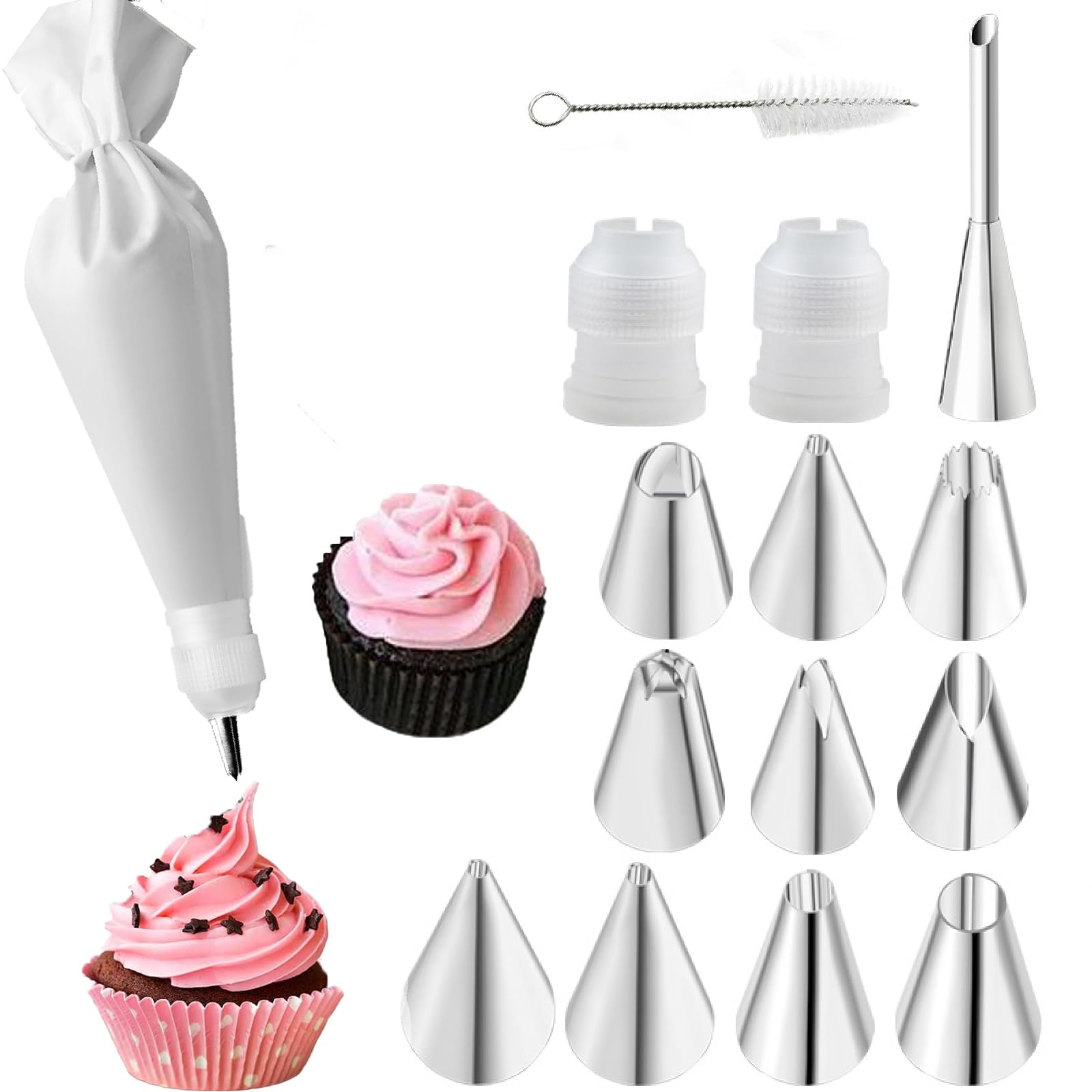 NABIC Icing Bag Set of 16, Professional Piping Bag with Nozzles, Reusable, Cotton Piping Bag 31 cm, Reusable, for Cakes, Cakes, Inner Coating, Biscuit Decoration