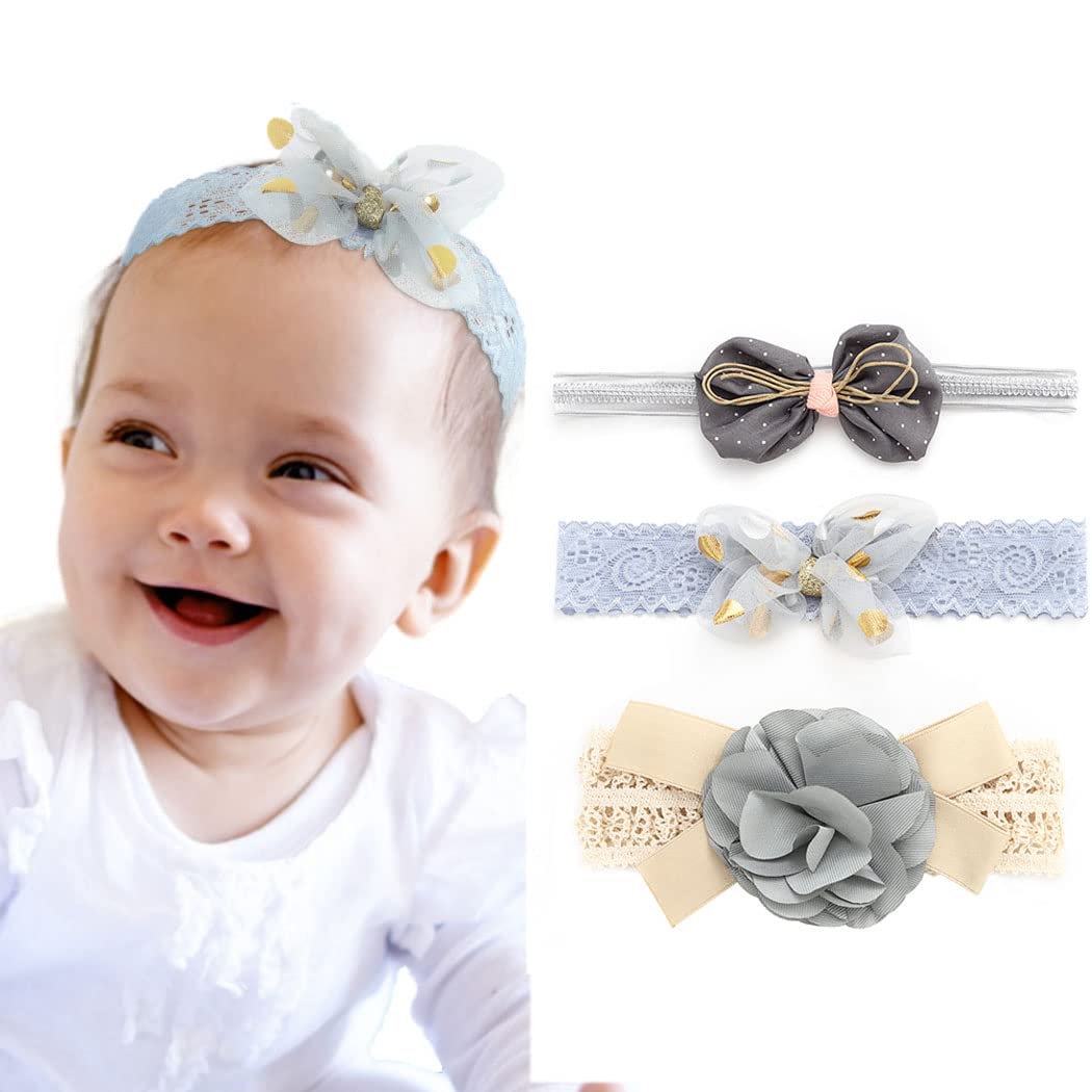 Woeoe Infant Elastic Hair Band Flower Baby Girl Headbands Bows Wraps For Newborn Toddler Hair Accessories(Pack of 4) (brown,blue,grey)