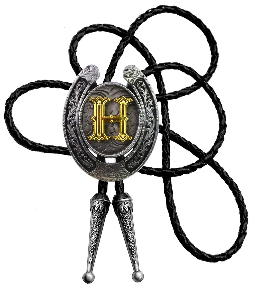 MoranseBolo Tie Golden Initial Letter A to Z In Western Cowboy Horseshoe Style with Cowhide Rope Necktie