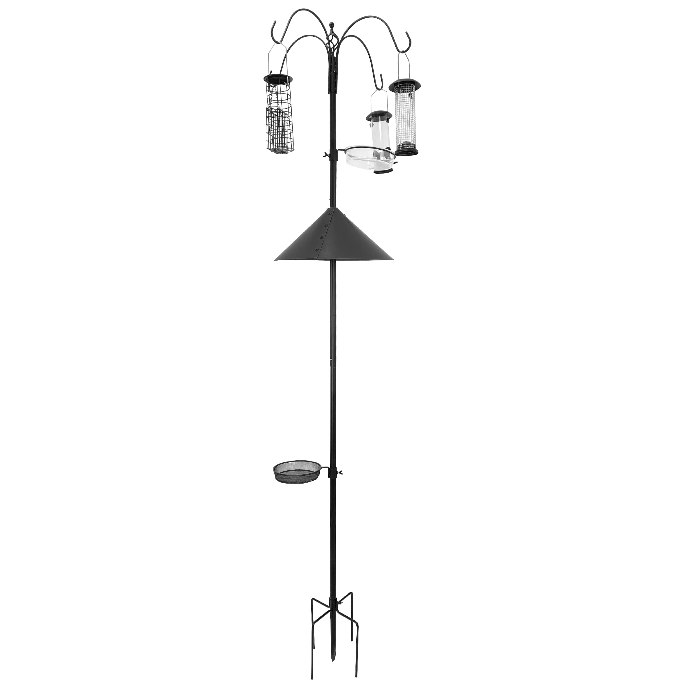 EasyGo Product Squirrel Proof Bird Feeder – Wild Bird Station - Powder Coated 81 Inch Steel Pole – Squirrel Baffle – 4 Bird Feeders – 1 Squirrel Peanut Feeder - 5 Prong Base – PATENTS Pending