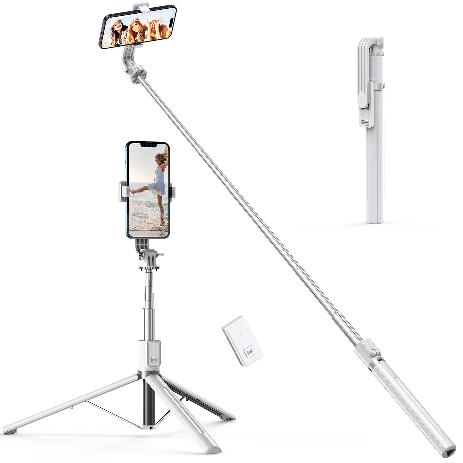 ATUMTEK 59" Selfie Stick Tripod, Stable Tripod Stand with Detachable Bluetooth Remote, Compatible with iPhone 14 Pro Max/14 Plus/14/13/12/11, GoPro, Samsung, LG, Google Smartphones, White