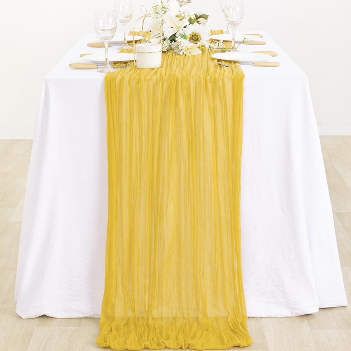 MLMC Mustard Yellow Cheesecloth Table Runner 10ft Rustic Wrinkled Gauze Boho Table Runner 35x120 Inches for Christmas Wedding Baby Shower Fall Decor