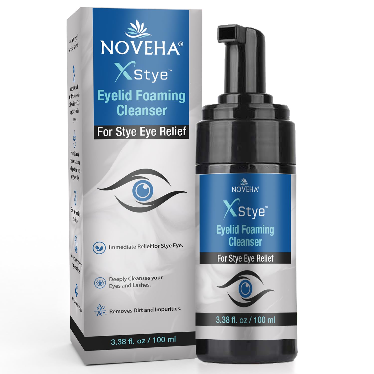 NOVEHA XStye Eyelid Foaming Cleanser - Fast Stye Eye Relief - Formula With Tea Tree Oil - Daily Eyelid and Eyelash Wash For Stye Eyes, Eyelash, & Skin Dryness (3.38 fl oz) - 100mL