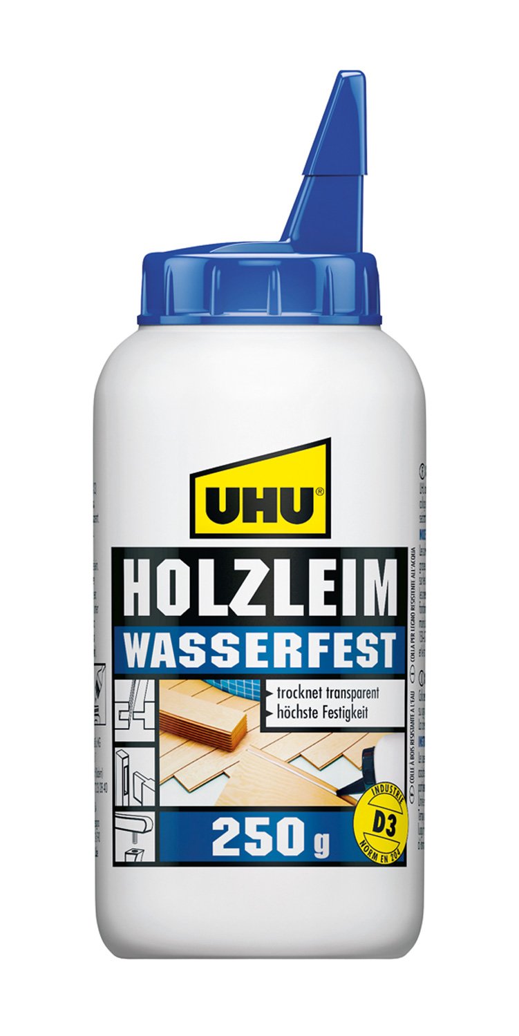 UHU Holzleim Wasserfest Wood Glue, D3 Water Resistant White Glue - Suitable For All Bonding Common Types Of Wood, Bottle, 250 G, Dries Transparent, Adhesive For Diy, Building, Repair And Model Making