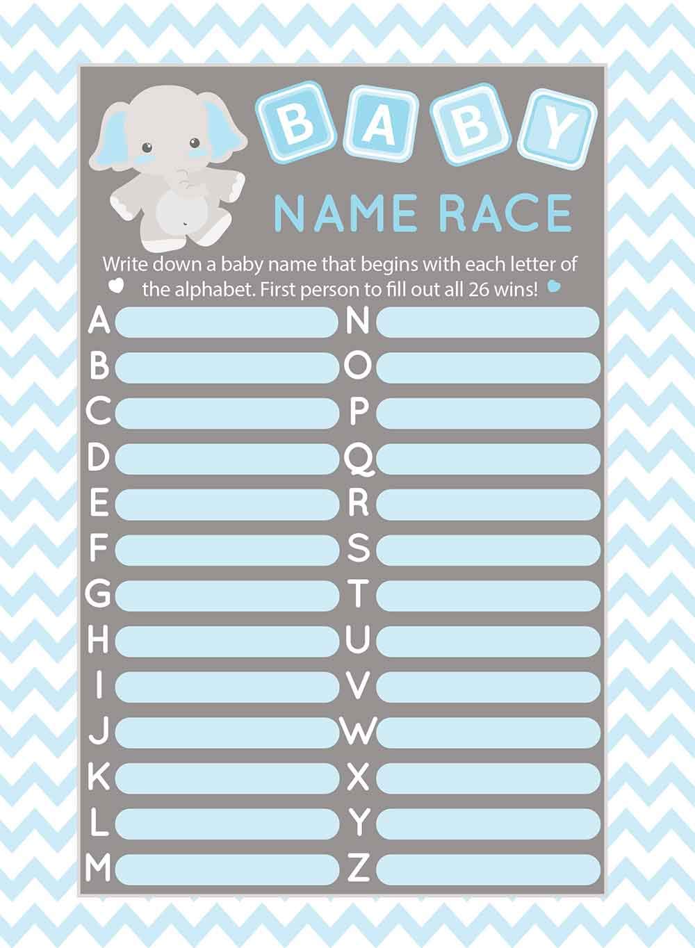 Digitaldoodlebug Baby Shower Game Boy 5x7 inches Set of 25 (Blue Elephant, Name Race)