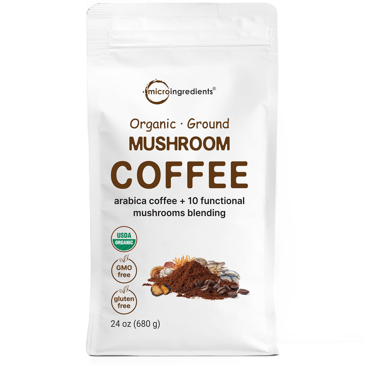 Micro Ingredients Organic 10 in 1 Ground Mushroom Coffee, 24 Ounce | Premium Arabica Coffee with Lion's Mane, Chaga, Reishi, & More | Smooth Medium Roast, Clean Energy, & Immune Support