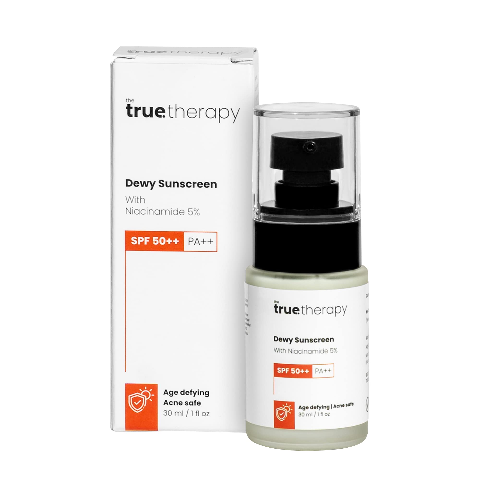 The True Therapy Dewy Sunscreen for Women & Men, SPF 50++ PA++ Body Sunscreen, 5% Niacinamide Sun Block, Acne Safe, Lightweight Sunscreen Lotion, No Harmful Ingredients Skin Care (30ml)