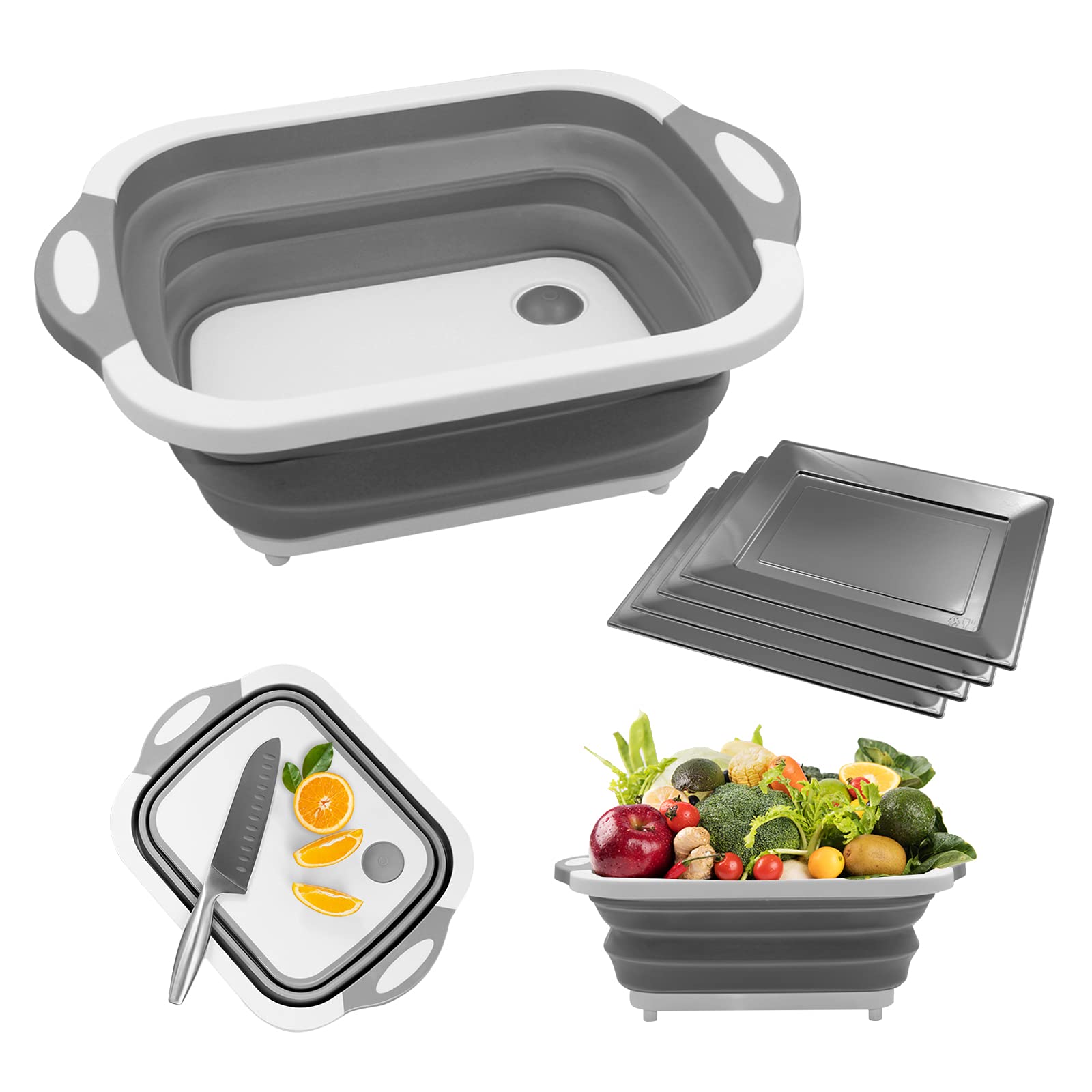 Collapsible Cutting Board, Multifunctional Chopping Board, Smart 3 in 1 BBQ Prep Tub/Built in Chopping Board/Strainer Bowl for Camping, BBQ, Kitchen, Picnic with 4Pcs Rectangular Plastic Plates