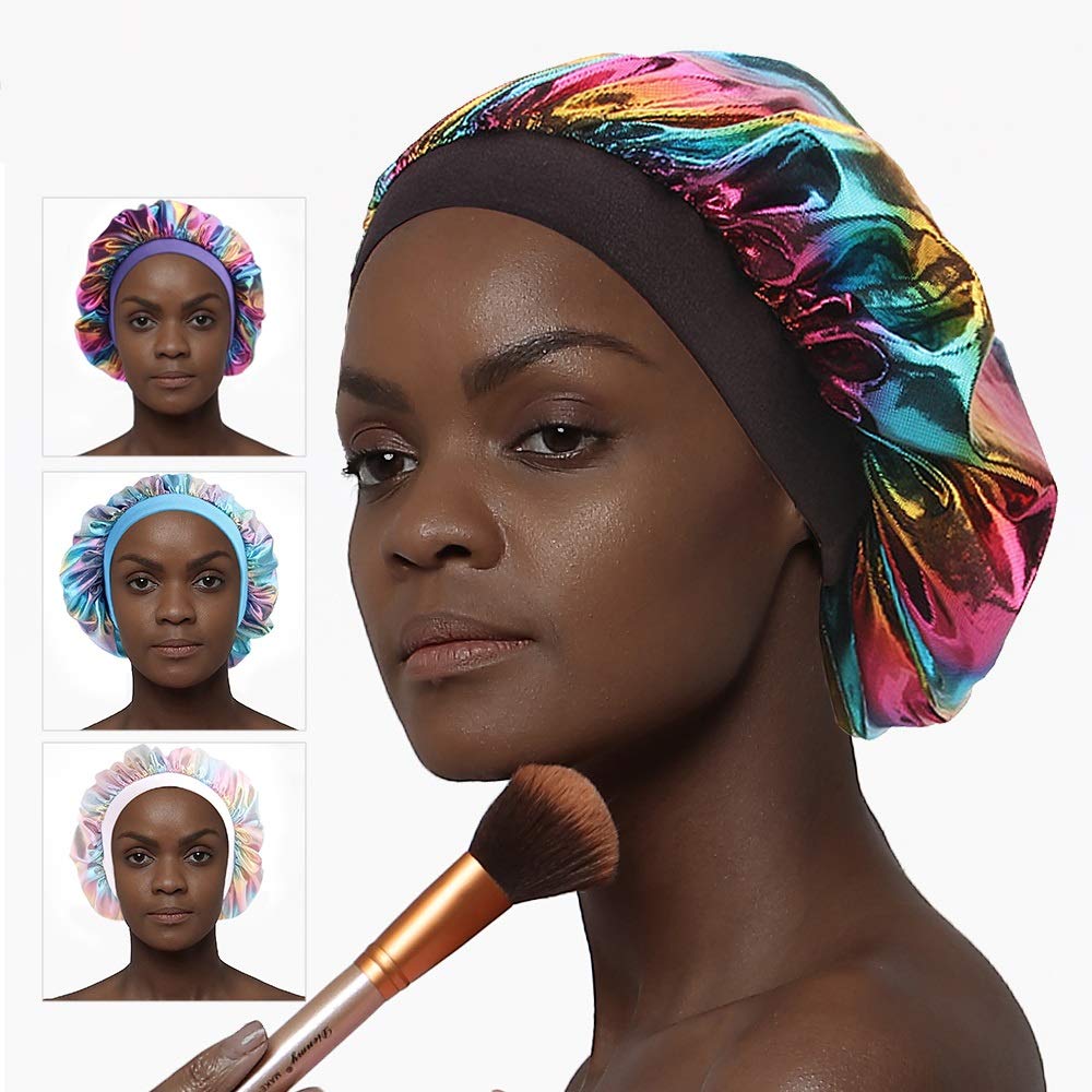 Silk Bonnets for Curly Hair, Satin Bonnets for Women Soft Colorful Printing Sleep cap with Premium Elastic Band Sleep Bonnets for Women (4 Pack)