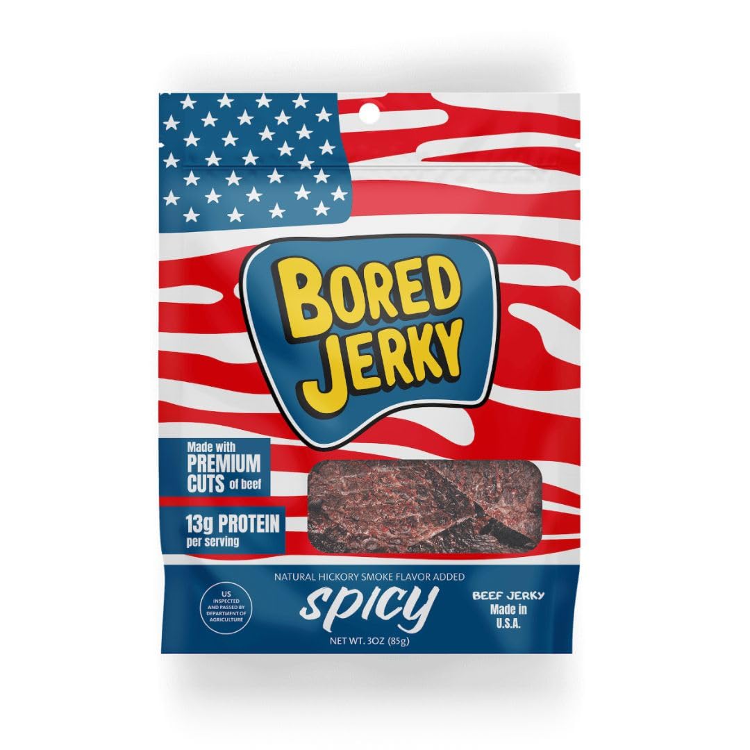 Bored Jerky Spicy Beef Jerky, 13g Protein per Serving, High Protein Snacks Made with Soy Sauce, Hickory Smoke, Jalapeno & Habanero, Made in the USA, 4 Pack, 3 Oz Resealable Bag