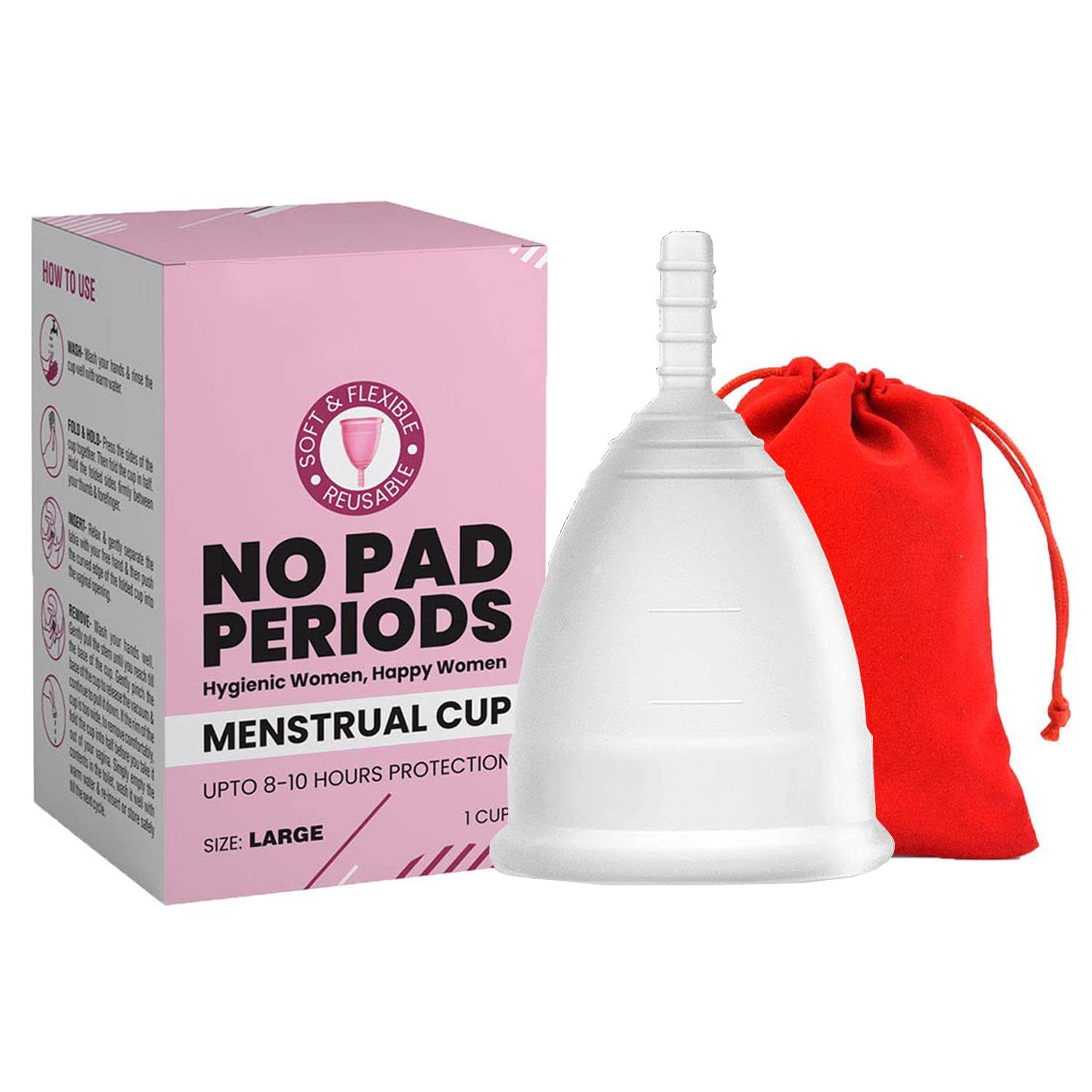 DALUCI Reusable Menstrual Cup for Women with Pouch, Ultra Soft, Pad Free Periods with No Rashes Leakage or Odour Protection Hour 8-10 hours (Transparent, Medium)