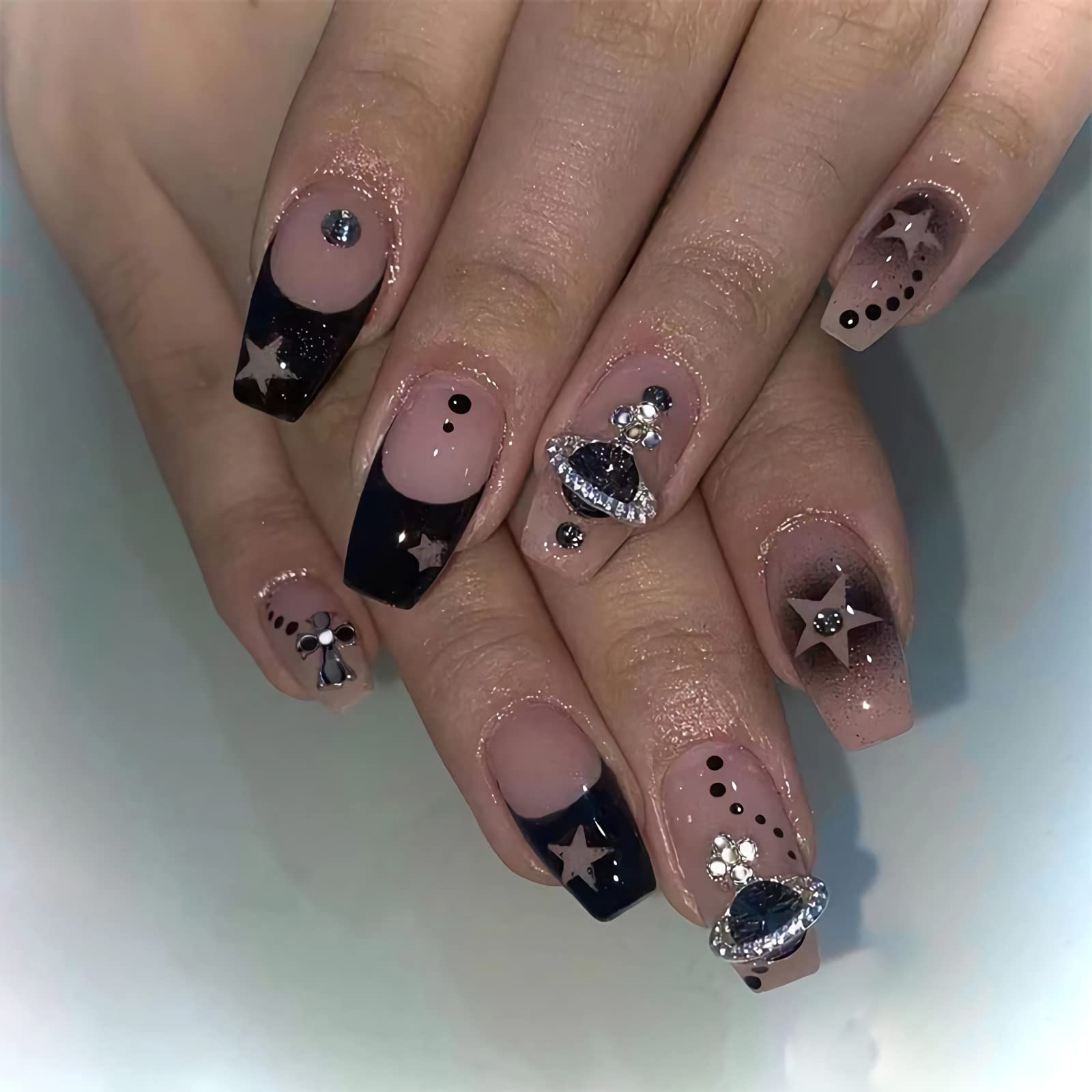 BABALALCoffin Press on Nails Medium Fake Nails Black Glue on Nails French Ballerina Acrylic Nails with Star Design Stick on Nails for Women and Girls 24Pcs