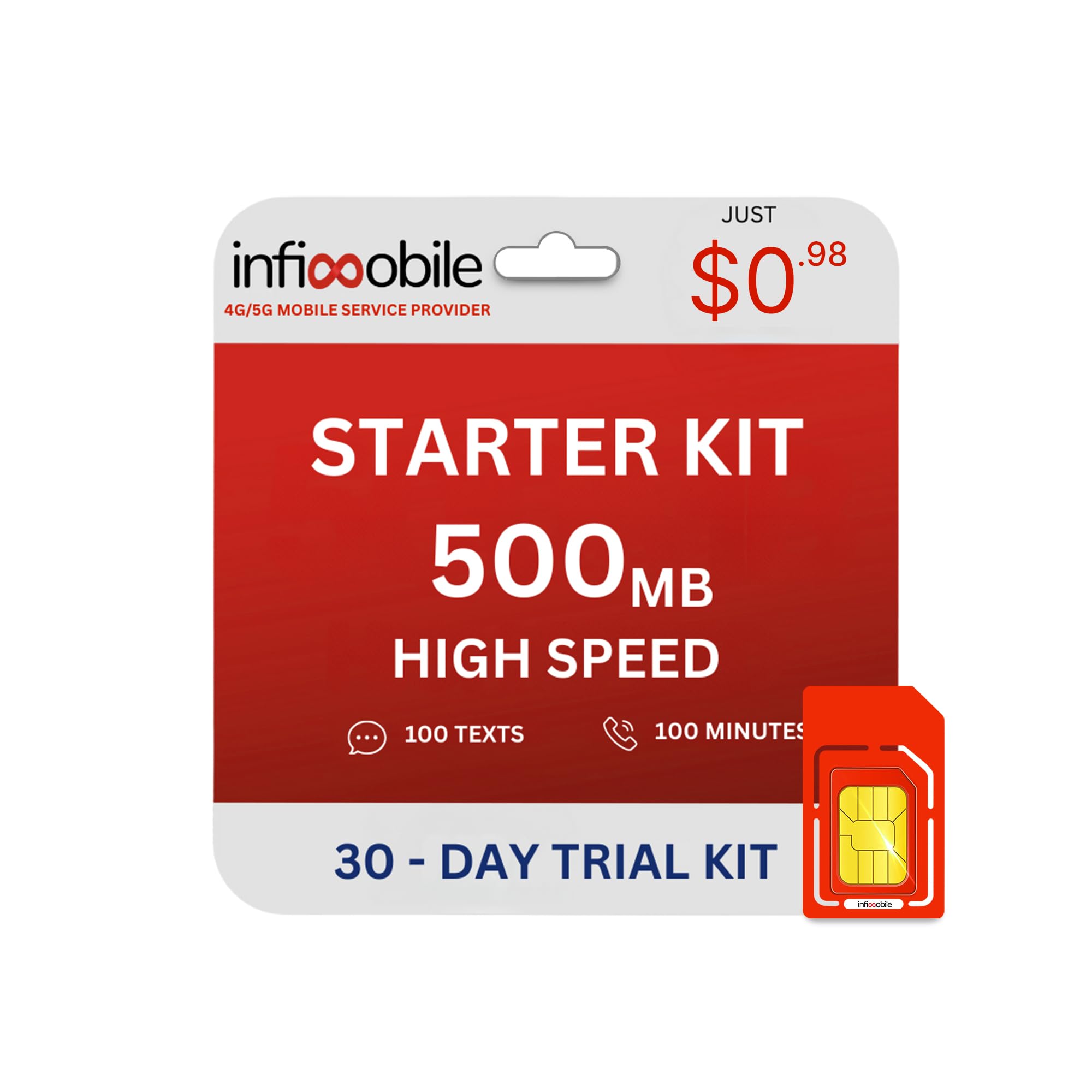 $0.98/Month | Infimobile Prepaid Plan: 30 Day Starter Kit | 500MB High-Speed Data | 100 Min Talk + 100 Text | Prepaid Plan Service SIM Card | Nationwide Coverage | 4G, 5G Network