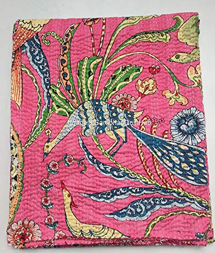 Sambhav Quilt Hub Pink Handblock Animal Print Handmade Cotton Kantha Quilting Boho Bedding Throw Blanket Hippie Queen/King Size Bohemian Block Kantha Quilt (90X108 inches (Double/Queen))