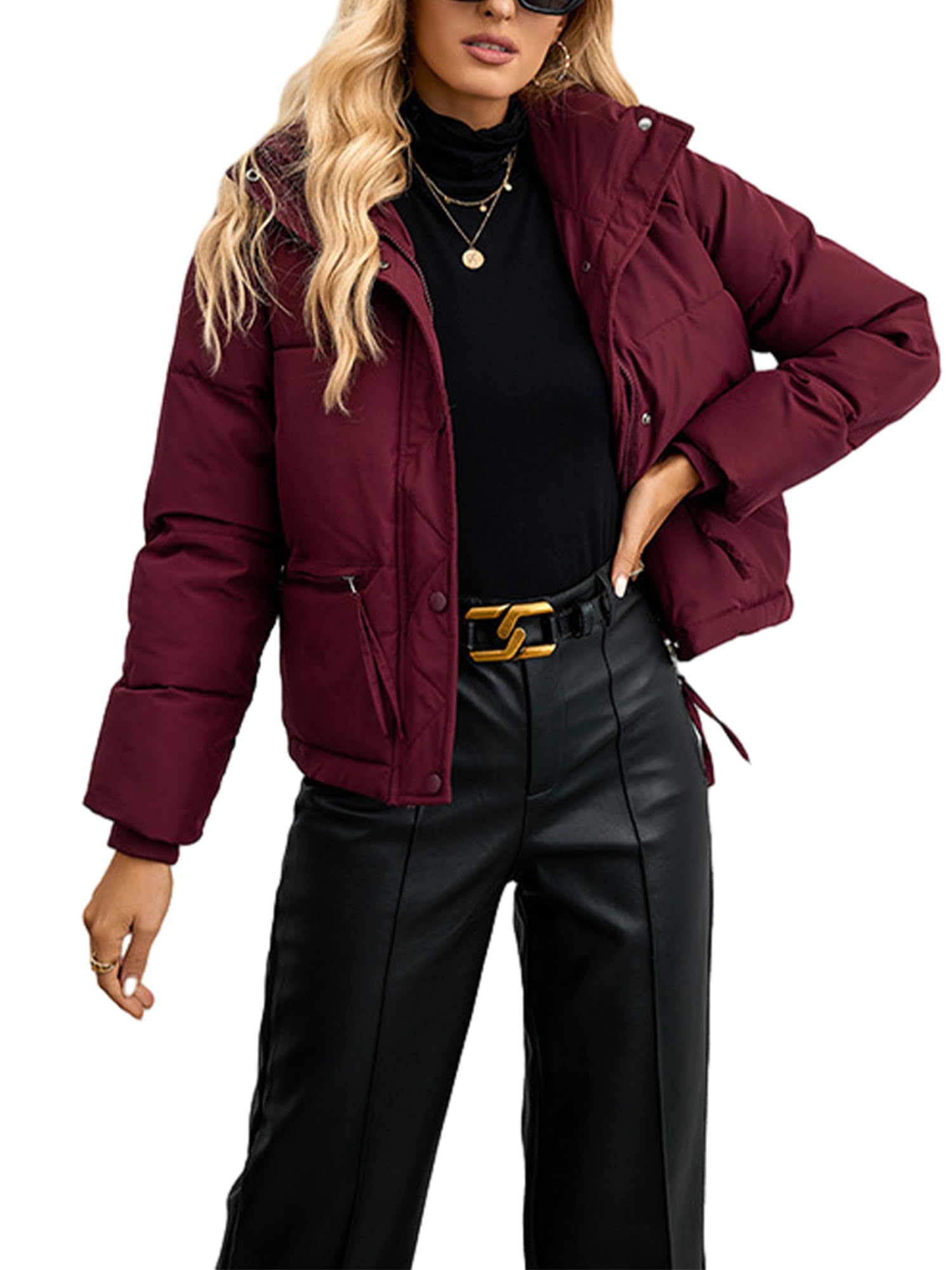 AcrawnniWomen's Winter Warm Short Jacket Stand Collar Solid Color Zip Puffer Jacket Baggy Short Padded Down Coats