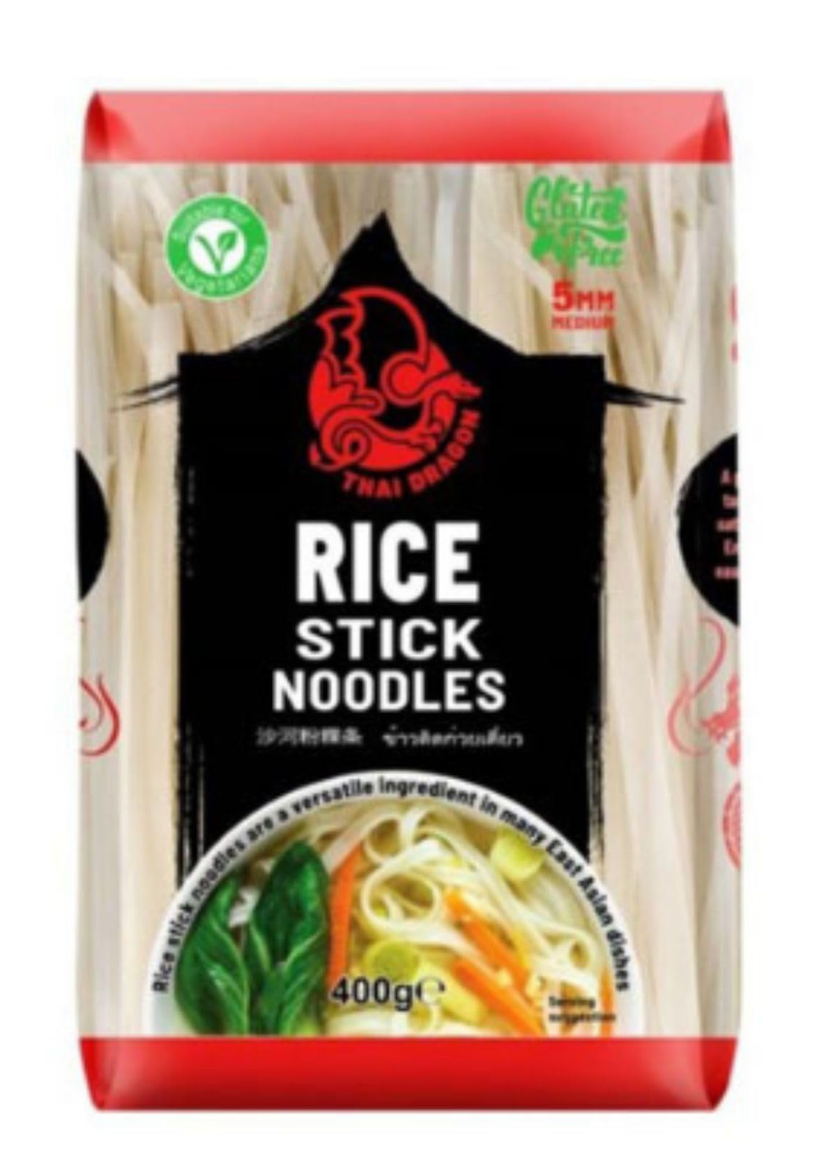 Thai Dragon Rice Noodles (6x400). White coloured, thin rice noodles.