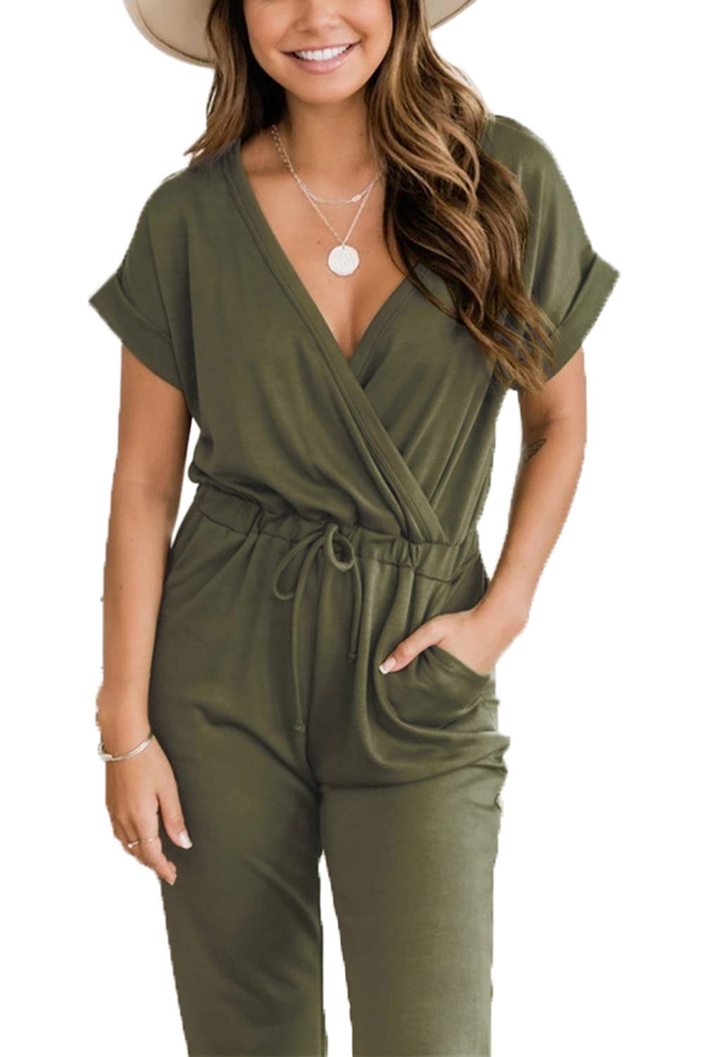 ESONLAR Women's Loose Solid V Neck Elastic Waist Stretchy Long Romper Jumpsuit with Pockets