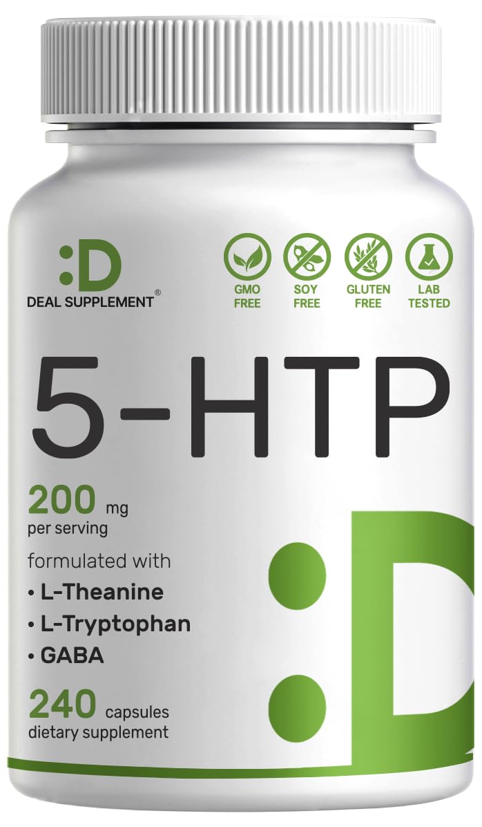 DEAL SUPPLEMENT5-HTP 200mg Per Serving, 240 Capsules, 98% African Derived Griffonia Seed Extract | 4 in 1 Formula | Plus Active L Theanine, L Tryptophan, & GABA | Relaxation Support Supplement