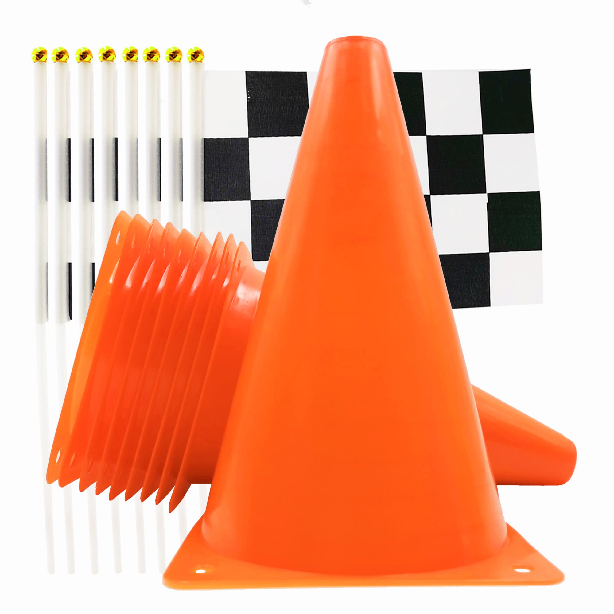 7inch Orange Racing Traffic Cones Party Decoration with Racing Checkered Flags,11inch Safety Sport Training Plastic Cones with Racing Flags,Race Car Birthday Party Supplies,Racing Themed Party