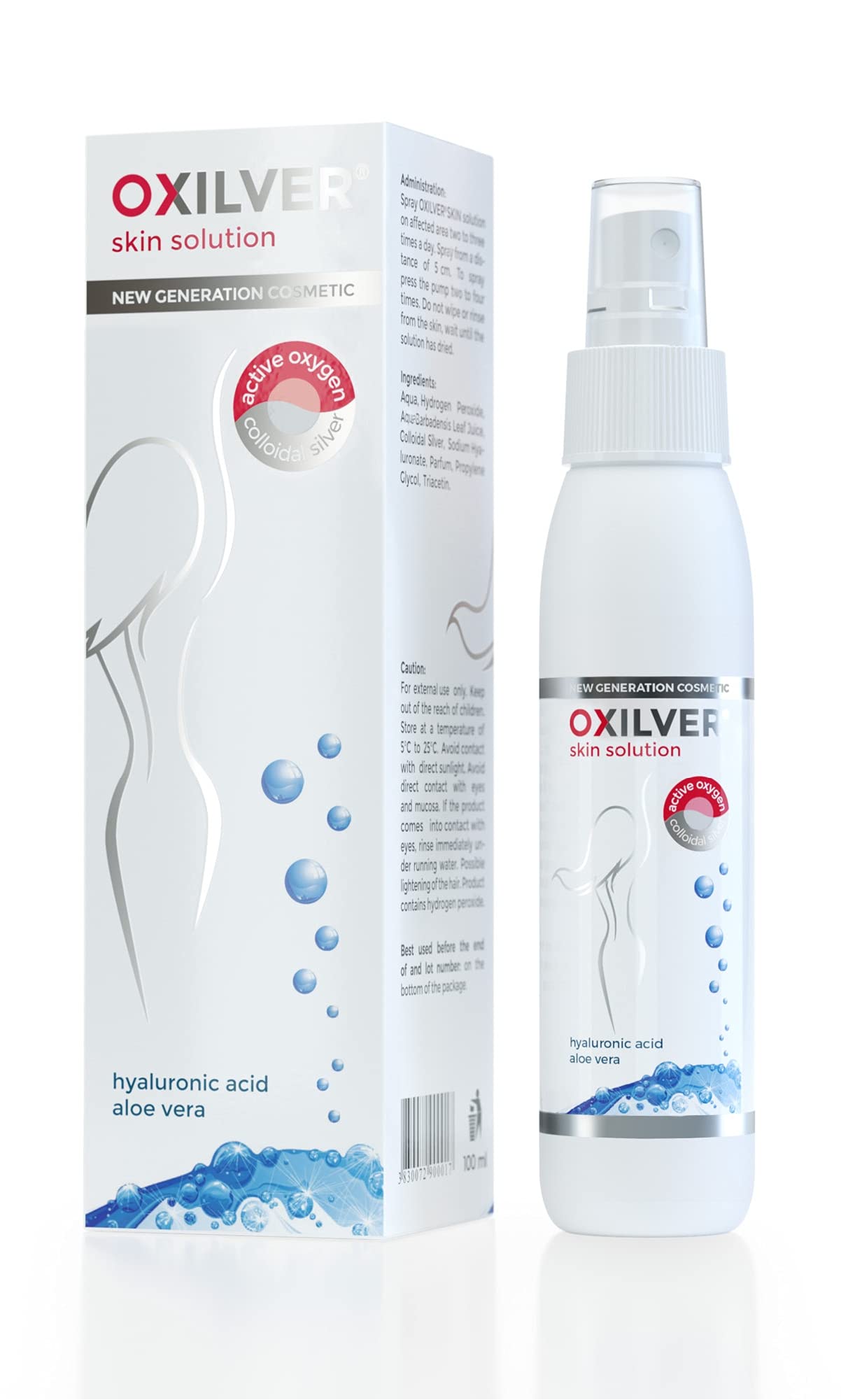 OXILVER SKIN Solution for Antiaging & Care of Dry, Red, Atopic, Inflammed, Acne-prone Skin, Active Oxygen, Ionized Silver, Aloe vera, Hyaluronic Acid, 100 ml​