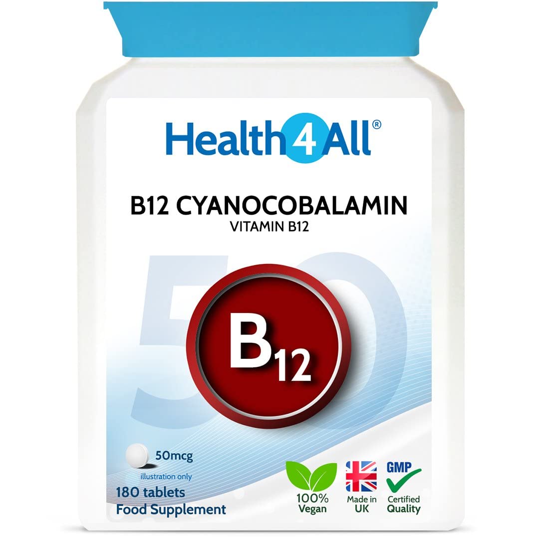 Vitamin B12 Cyanocobalamin 50mcg 180 Tablets (V) . Tablets ( not Capsules ) Vegan. Made in The UK by Health4All.