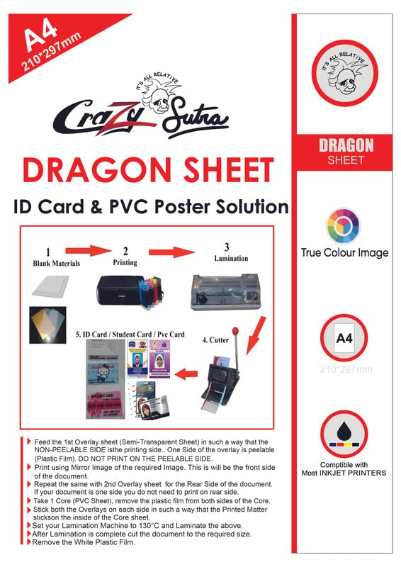 Crazy Sutra® PVC Lamination Dragon Sheet Set of 20 Cores and 40 Overlays A4 Size - 210x297 mm for Aadhar, Photos, ID Card (Set of 20 Cores and 40 Overlays)