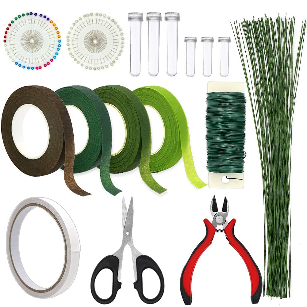 Floral Arrangement Kit,Floral Craft Tools with 17Pcs Floral Tape 26 Gauge Stem Wire 22 Gauge Paddle Wire 2Pcs Double-Sided Tape for Pearl Corsage Pin Bouquet Wrap Florist