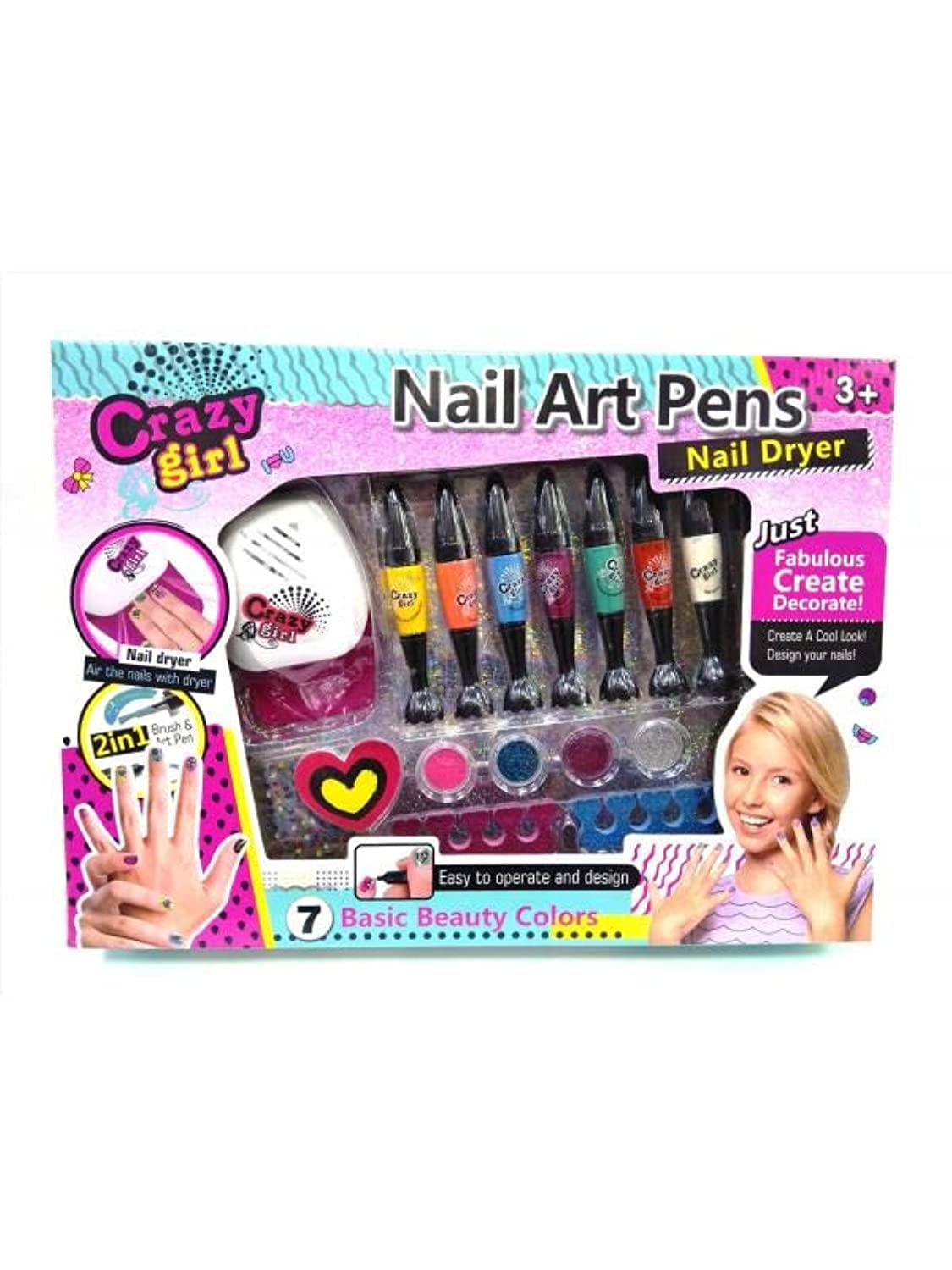 Nail Art Pens with Nail Dryer, Paint and Sketch Set with 7 Basic Beauty Colors, Nail Art kit Pedicure and Manicure for Girls above 3 Years Old