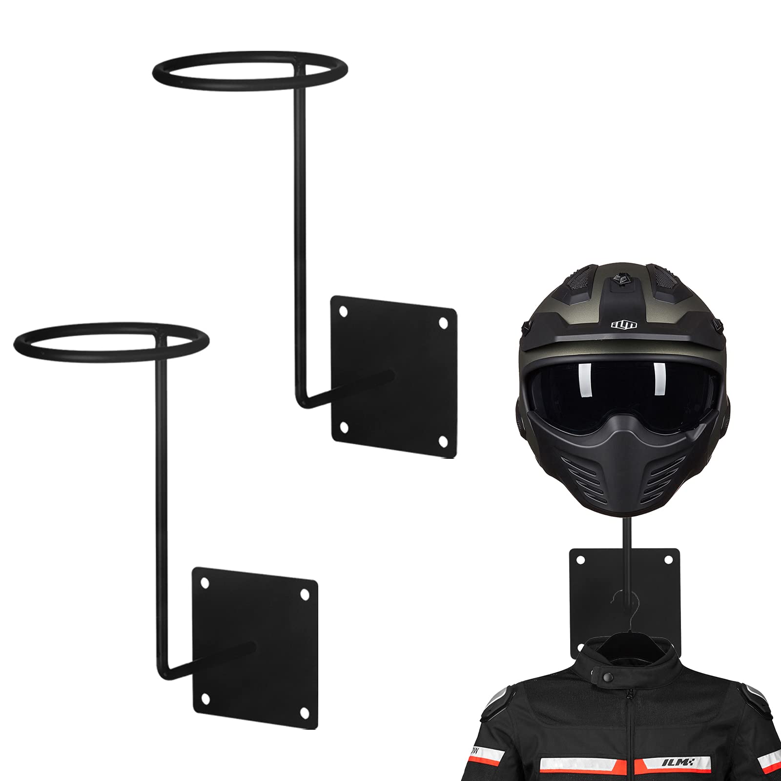 ILMMotorcycle Accessories Helmet Stand Holder Hanger Rack Jacket Hook Hat Rack for Wall Mounted (2Pack,Black)