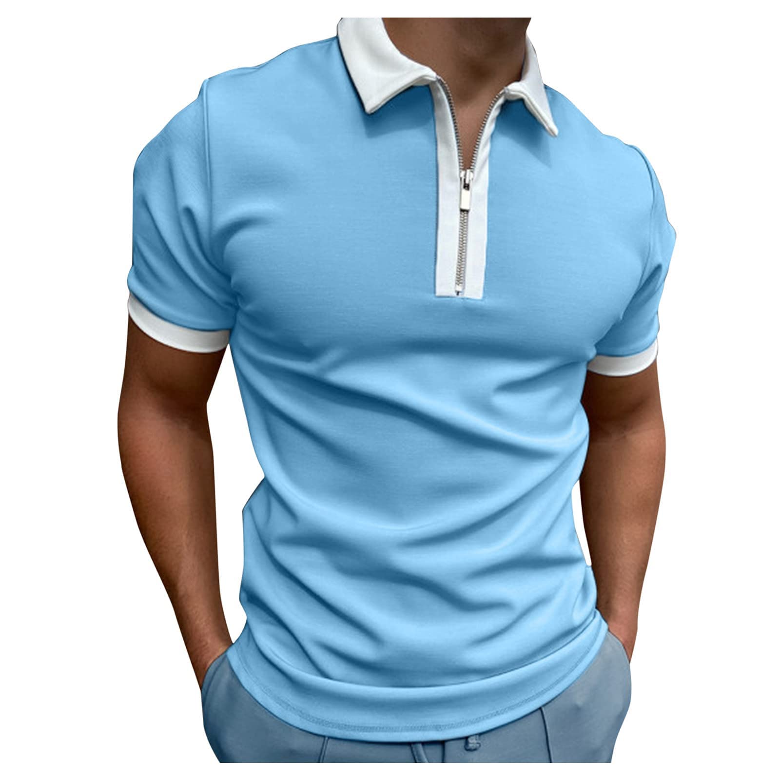 Men's Slim Fit Stand Collar T Shirts Henley Breathable Printing Tops Button Down Short Sleeve Blouses