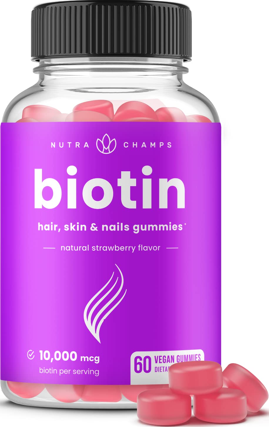 NutraChamps Biotin Gummies 10,000mcg [Highest Potency] for Healthy Hair, Skin & Nails for Adults & Kids - 5000mcg in Each Gummy Vitamin - Vegan, Non-GMO, Pectin-Based Hair Growth Supplement