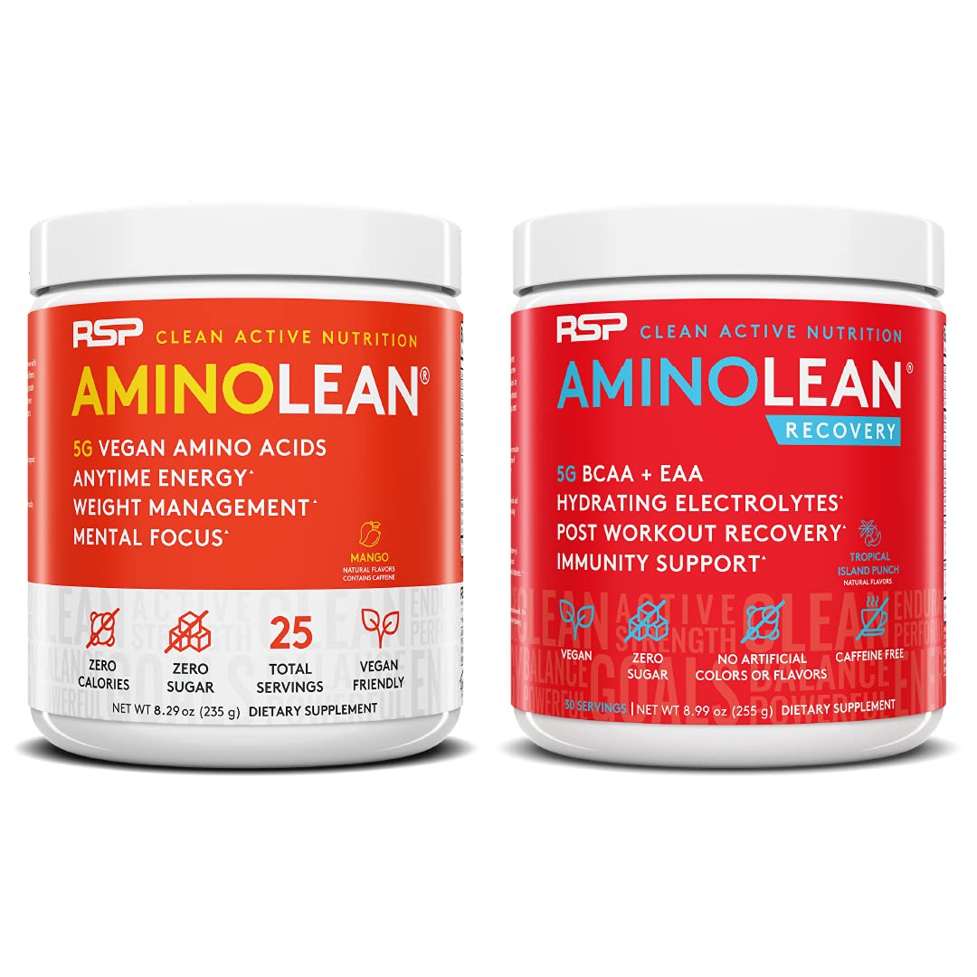 Vegan AminoLean Pre Workout Energy (Mango 25 Servings) with AminoLean Recovery Post Workout Boost (Tropical Island Punch 30 Servings)