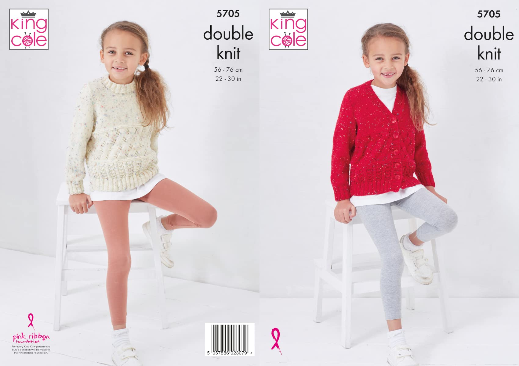 King Cole 5705 Knitting Pattern Girls Cardigan and Sweater in Big Value Tweed DK, Multi, 22'' - 30''