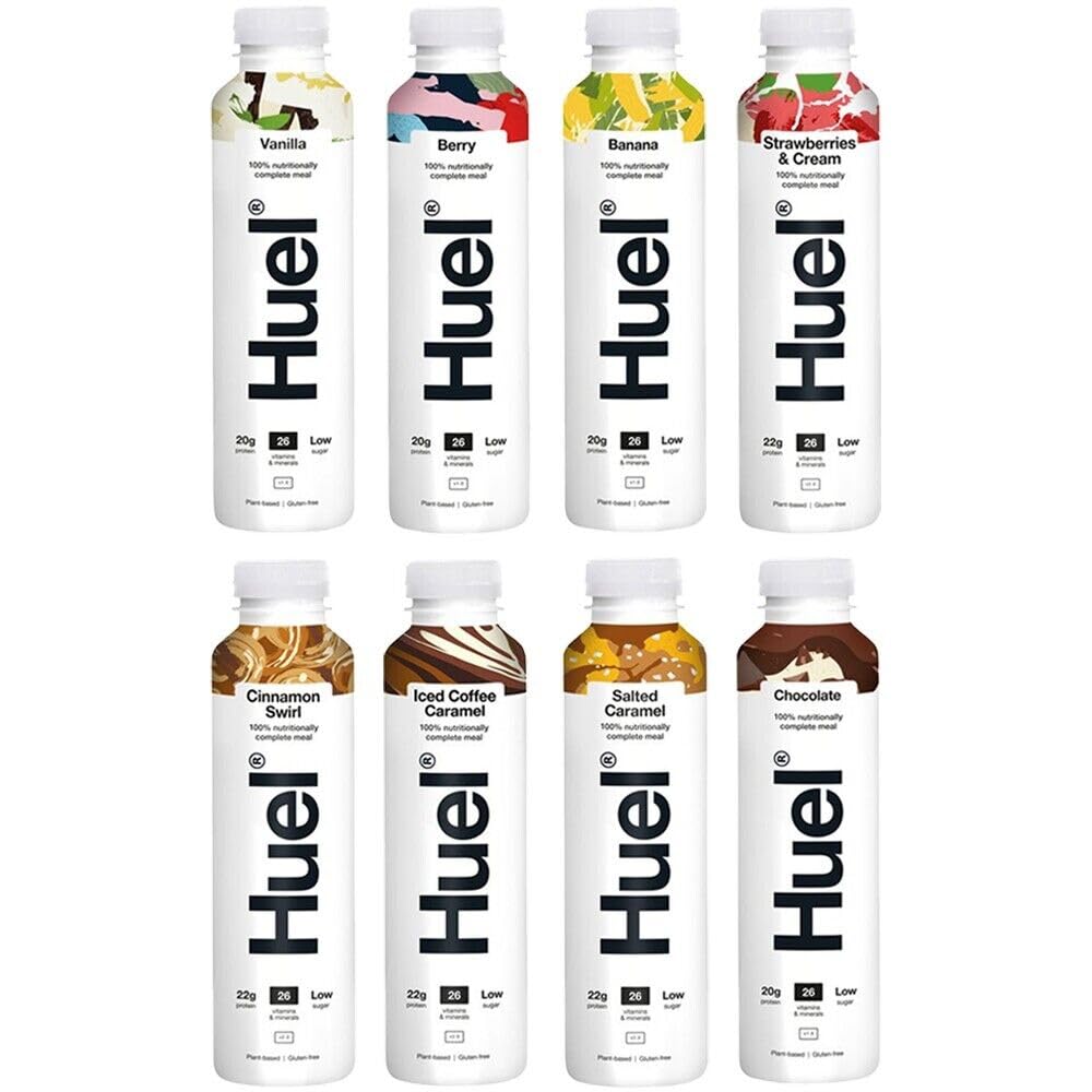 Huel Complete Meal Replacement 500ml Combo - 8 Pack | Explore the Spectrum of Flavors-Vanilla, Chocolate, Berry, Banana,Iced Coffee Caramel, Salted Caramel, Strawberries & Cream and Cinnamon Swirl