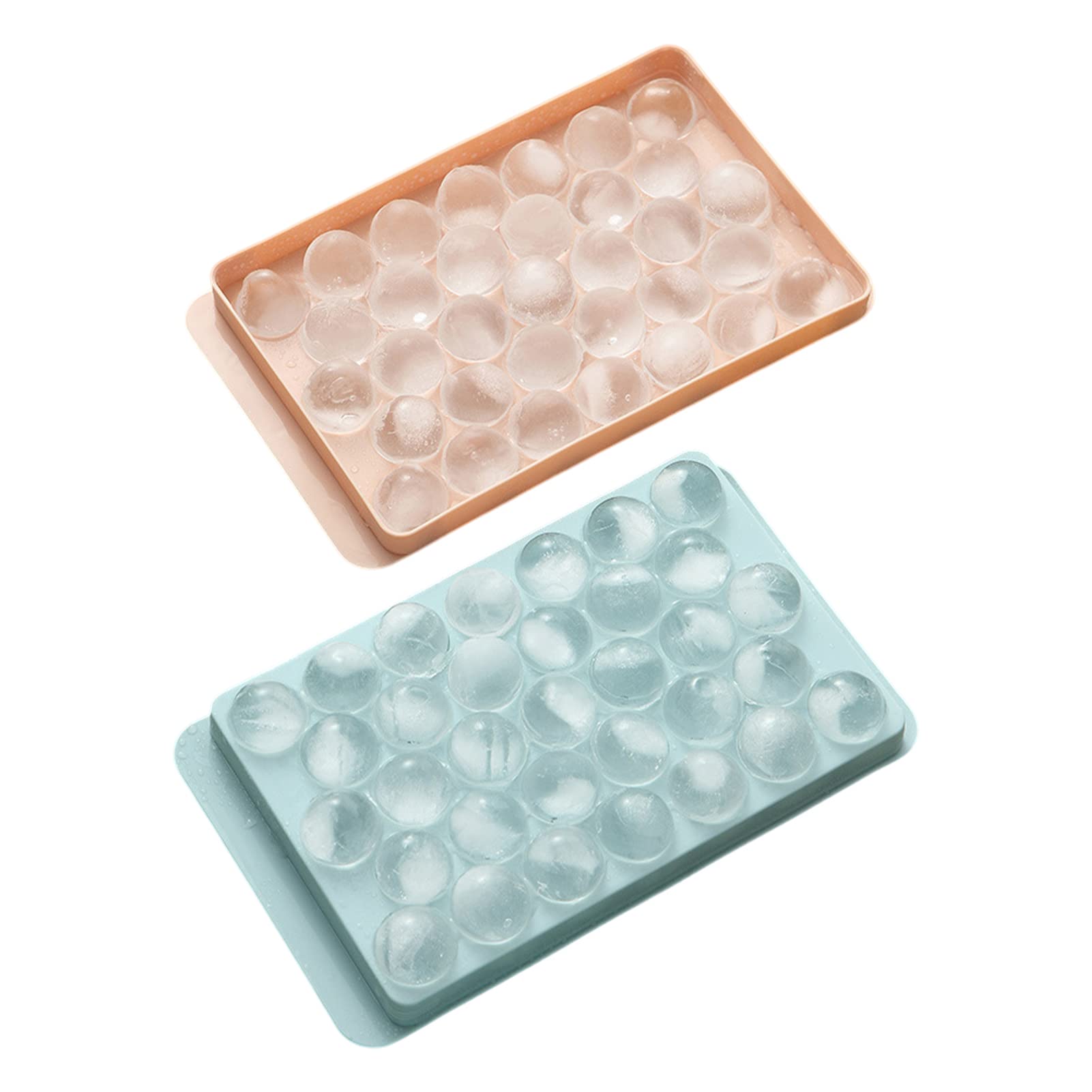 VAODO Round Ice Cube Tray with Lid, 2 Pack Ice Ball Maker Mold, Mini Circle Ice Cube Tray Making, Large Capacity Popsicle Mold Ice Tray (Blue and Pink)