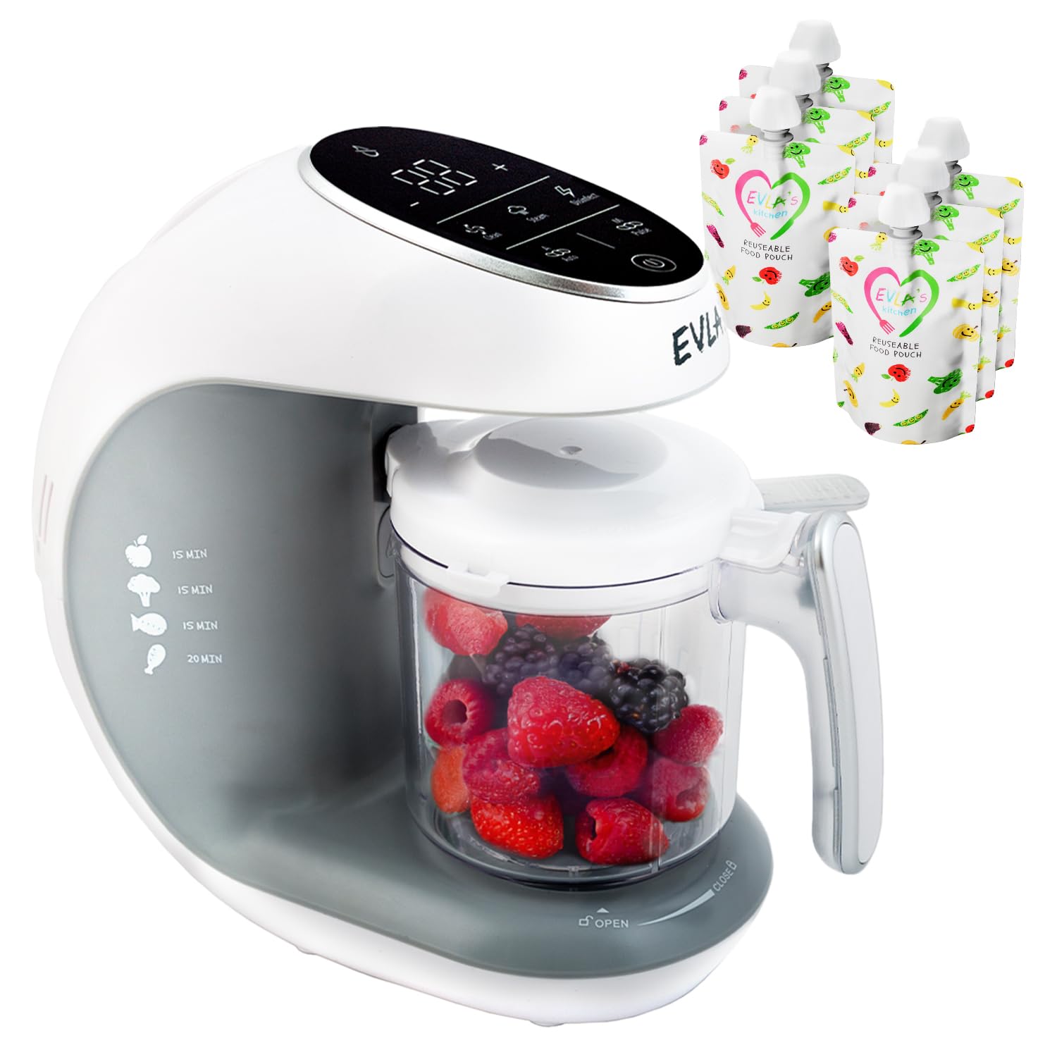 EVLA'SBaby Food Maker, Steamer, Blender, Baby Food Processor for Healthy Homemade Baby Food in Minutes, Touch Screen with 6 Reusable Food Pouches, Baby Registry Essential, White