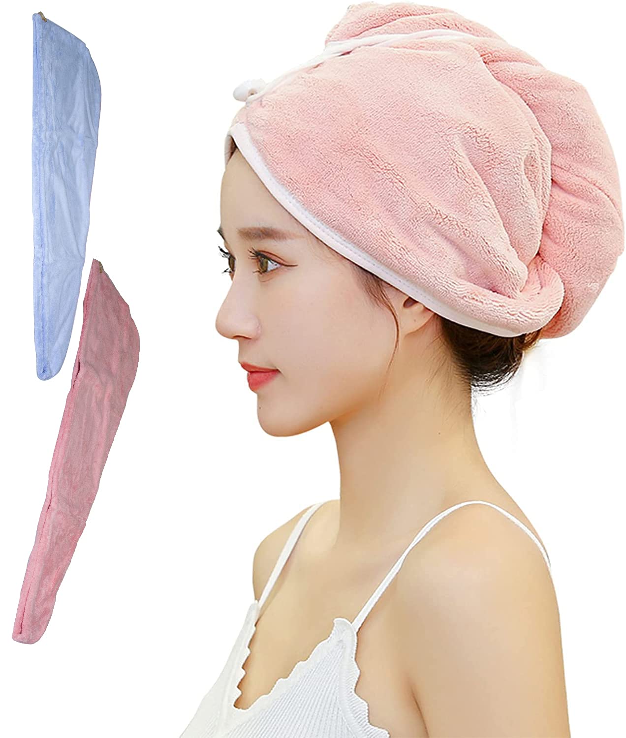 In-HouseHair Drying Towel Set 2 Pack,Soft Water Absorbent Wrap Turban Microfiber Bath With Button,Dry Cap For Curly Women Girls (Pink&Blue)